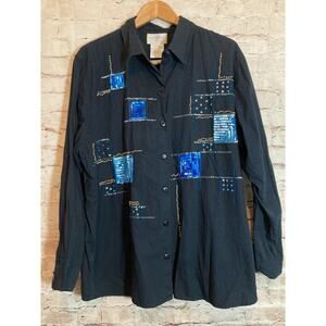 Vintage Capistrano Top Womens 2X Black Button Up Artsy Sequin Retro Art To Wear